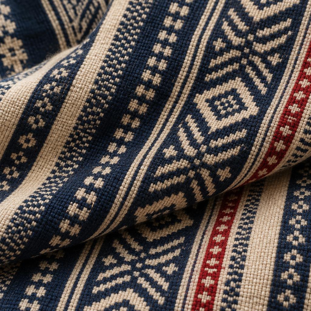 Illustration of sapphire and ivory woven cotton strips with geometric motifs and a crimson accent